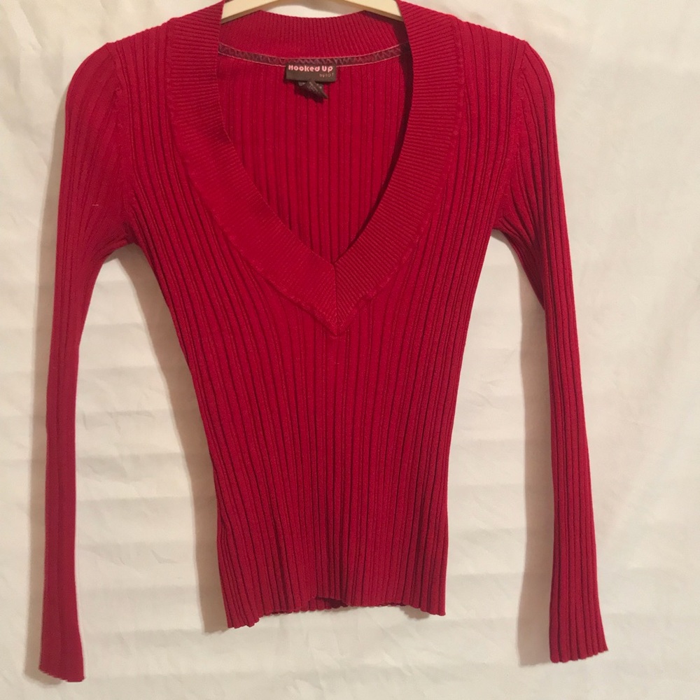 Stretchy red V neck sweater fits any size S-M-L